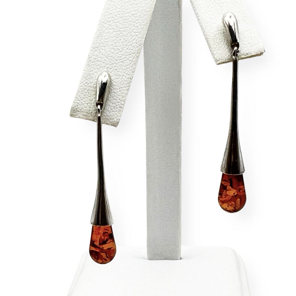Orange Silver Tone Teardrop Dangle Earrings Minimalist Earthy Sleek Boho Chic